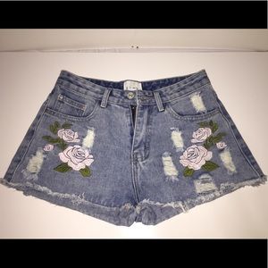 ETWO Floral Embroidered Distressed Denim Shorts